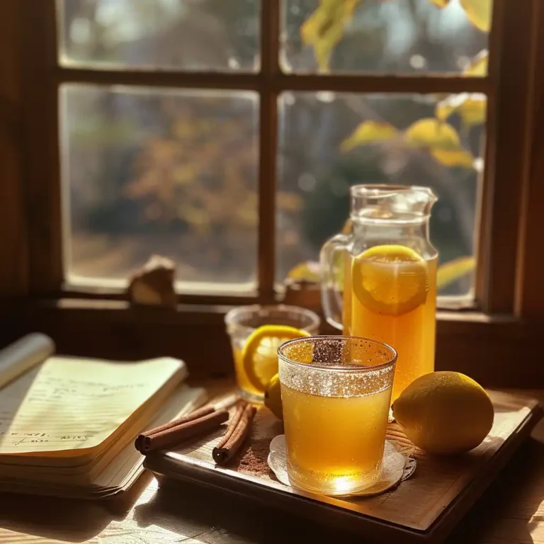 Apple cider vinegar morning drink served on a tray beside a journal, lemon slices, and cinnamon sticks