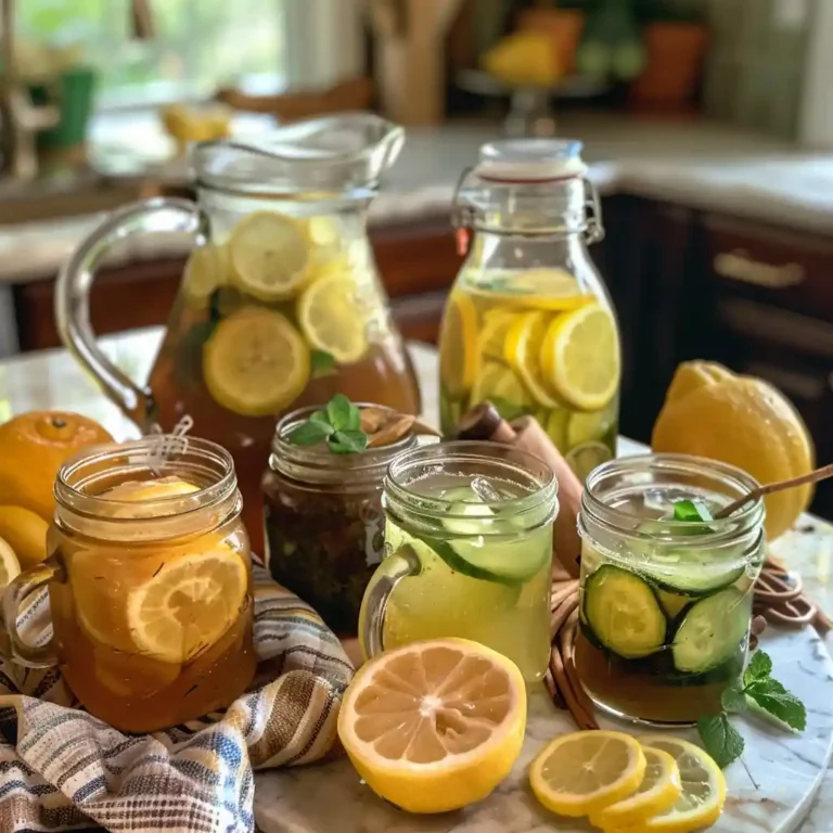 Assorted TikTok weight loss drinks on a cozy kitchen table with visible lemons, cucumber, pineapple, coffee, and herbs