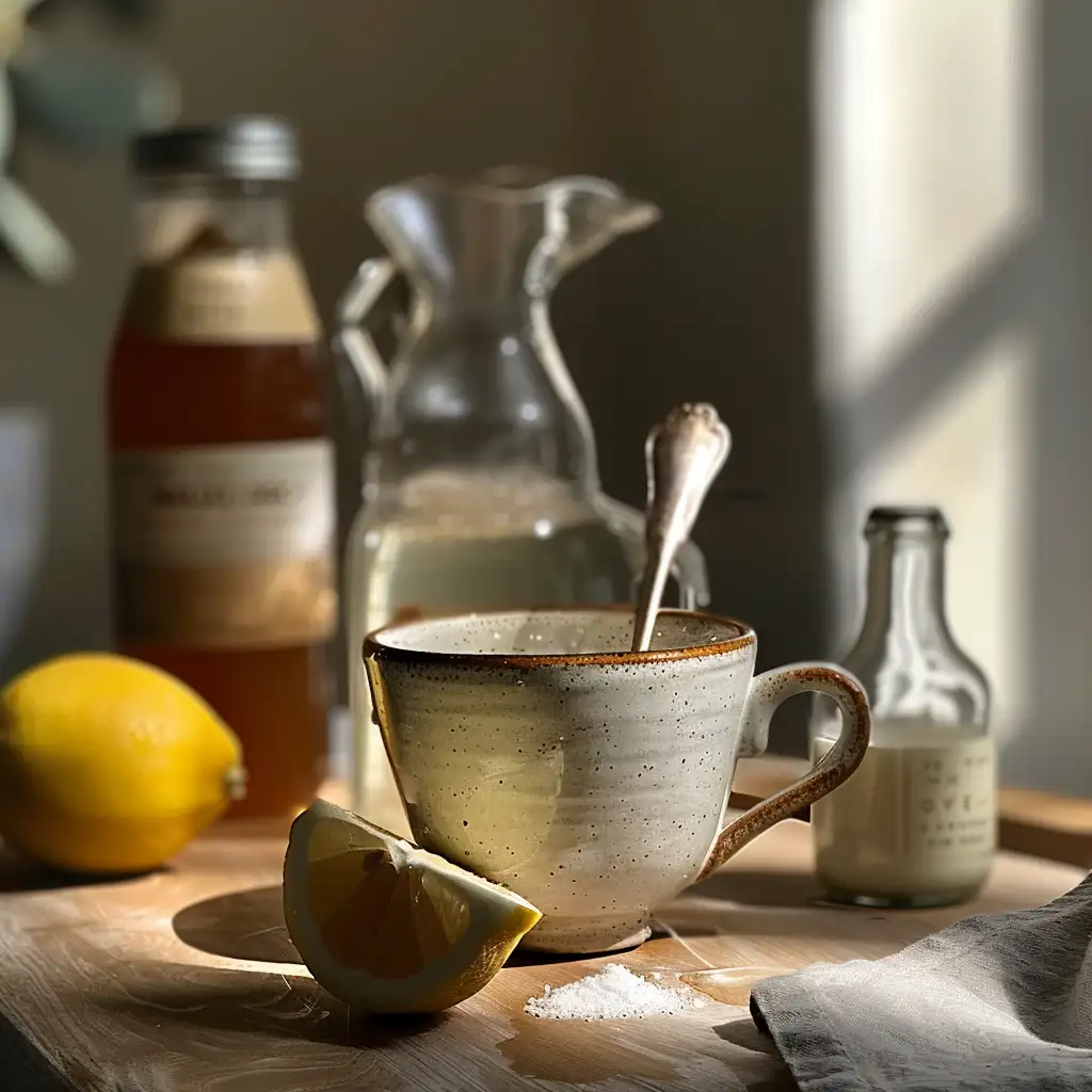 Baking soda being stirred into warm water with gentle fizz in a ceramic mug