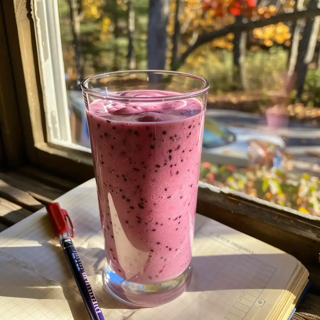 Berry protein smoothie for weight loss in a clear glass on a porch beside a journal