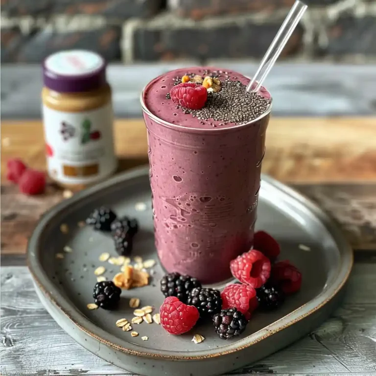 Berry protein smoothie on a tray with berries, chia seeds, and a glass straw as a serving idea