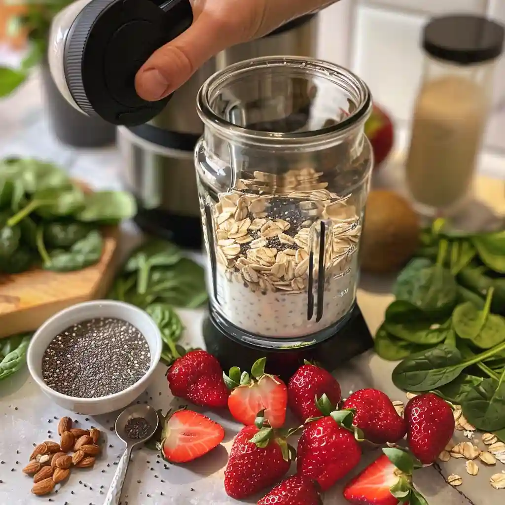 Blender filled with spinach, strawberries, oats, and yogurt for a weight loss smoothie