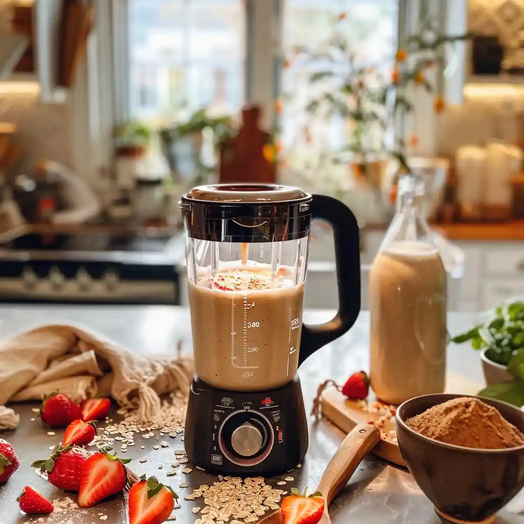 Blending oats and strawberries in preparation for a smoothie