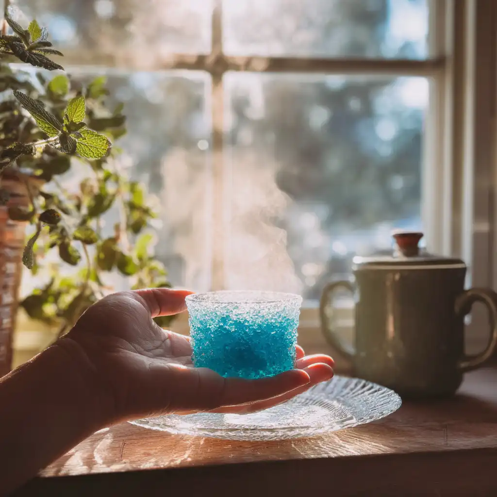 Overhead view of a healthy blue gelatin snack with tea and natural ingredients