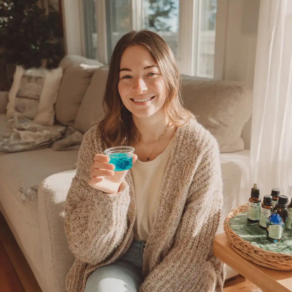 Blue gelatin weight loss cups with lemon and vanilla in a clear dish