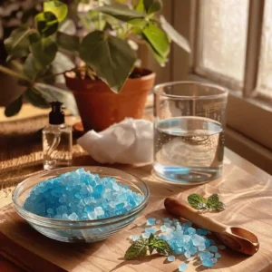Blue salt ritual featured setup with warm salted water, mint, essential oil, and cotton sachet on a sunlit counter