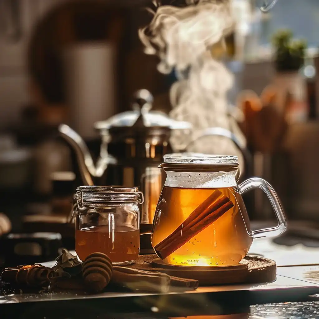 Boiling water in kettle beside honey jar and cinnamon sticks
