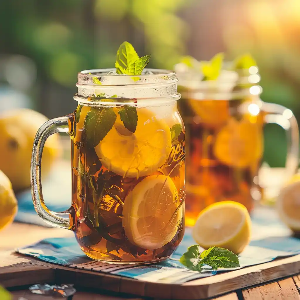 Chilled lemon balm tea in a mason jar with mint, lemon slices, and ice cubes