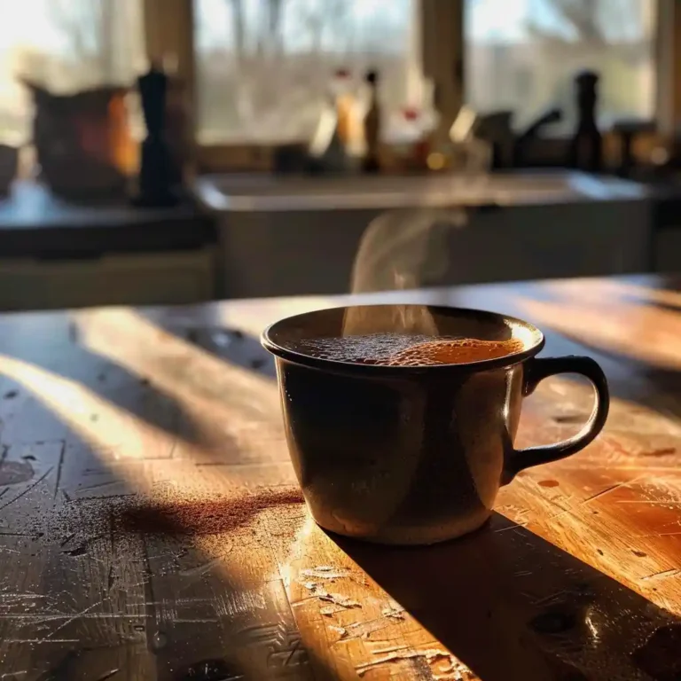 Cinnamon coffee in a cozy kitchen morning scene with steam rising