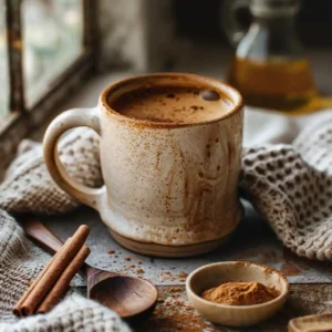 Cinnamon coffee served in a ceramic mug beside MCT oil and a wooden spoon