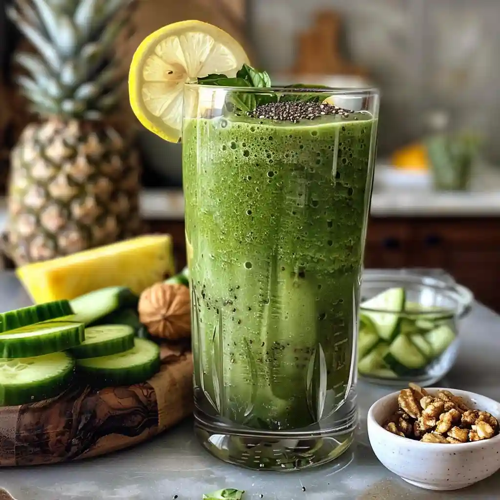 Clean, minimalist setup showing a green smoothie for weight loss next to a notebook and water glass