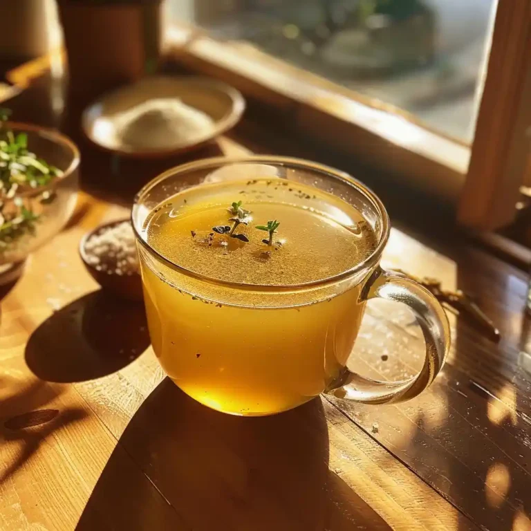 Clear golden gelatin-enriched broth in a mug on a wooden counter with herbs and gelatin powder nearby
