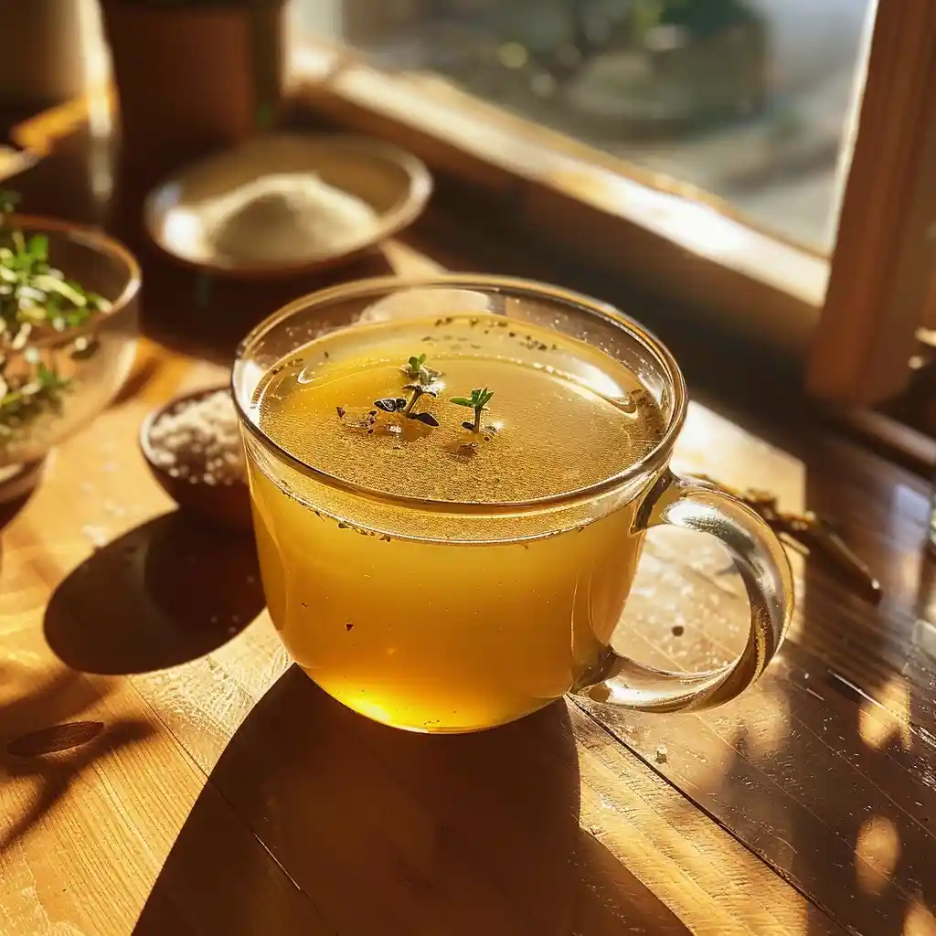 Clear golden gelatin-enriched broth in a mug on a wooden counter with herbs and gelatin powder nearby