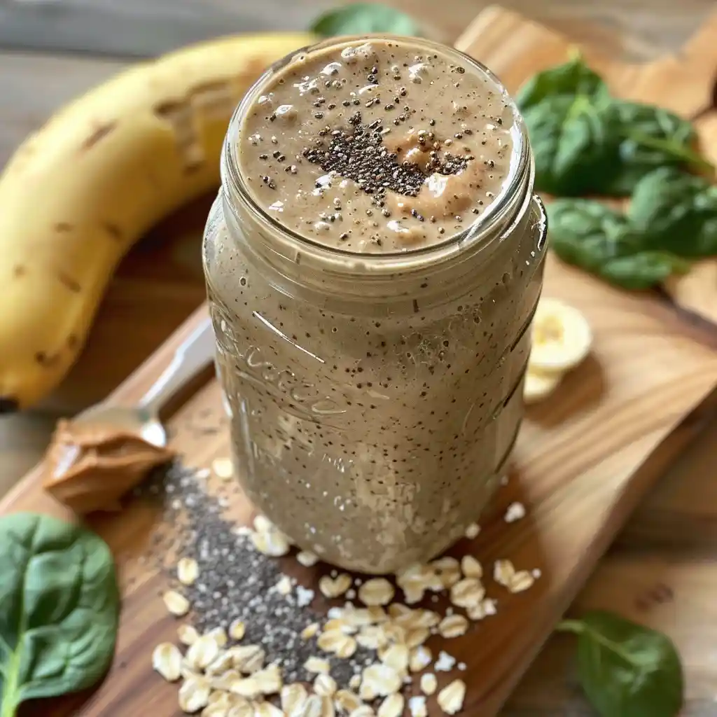 Close-up of a creamy breakfast smoothie with banana, oats, and peanut butter in a mason jar