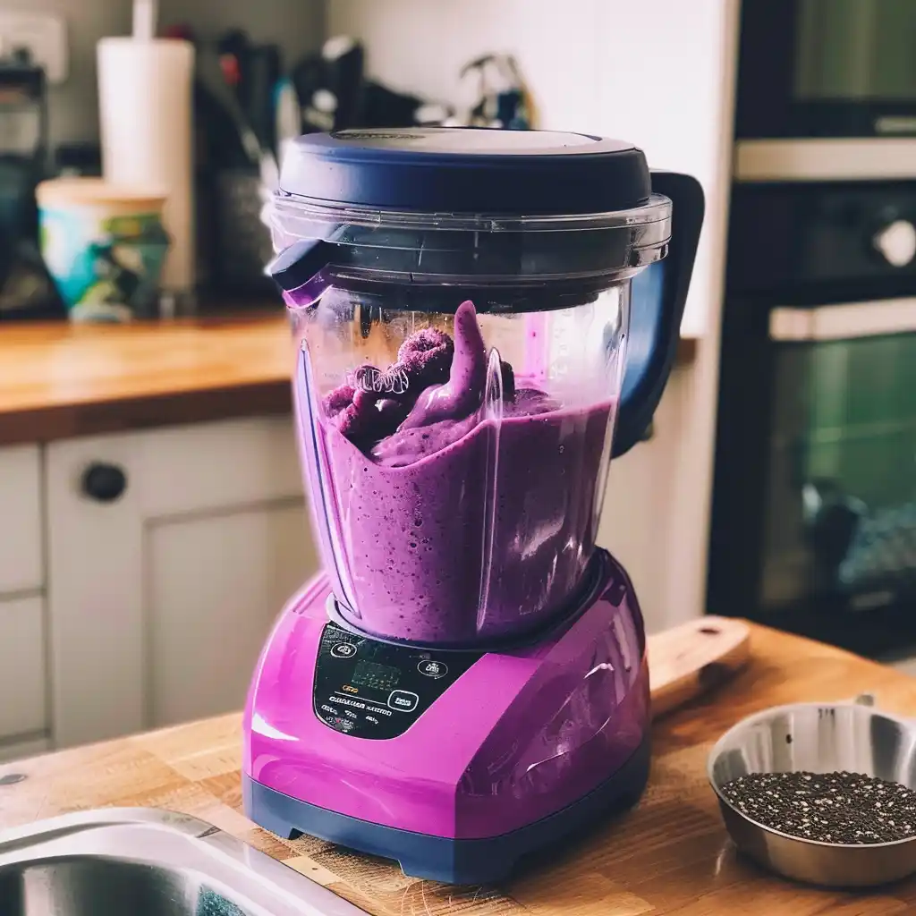 Close-up of blender jar filled with berry protein smoothie mid-blend for weight loss