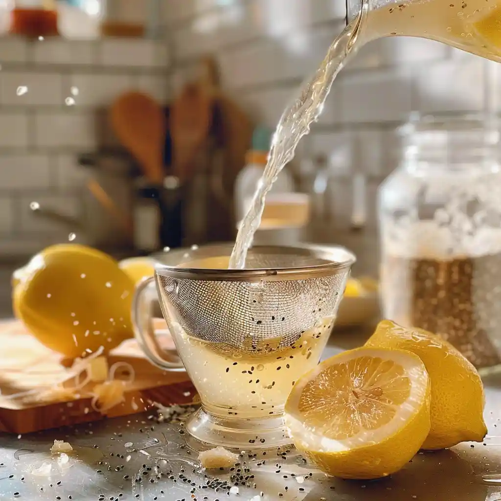 Close-up of chia seeds blooming in lemon water, showing gel texture after 10 minutes