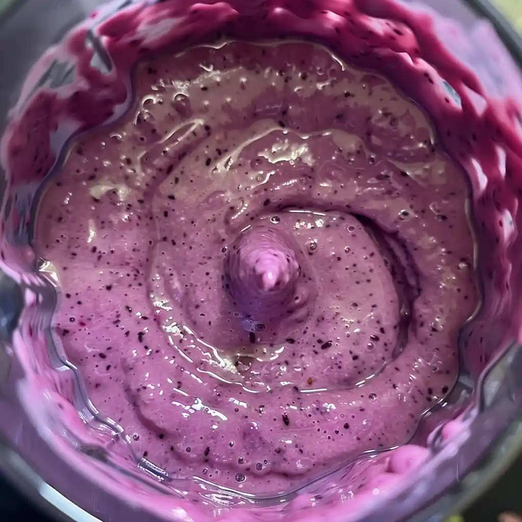 Close-up of smoothie blending into a creamy purple vortex in the blender