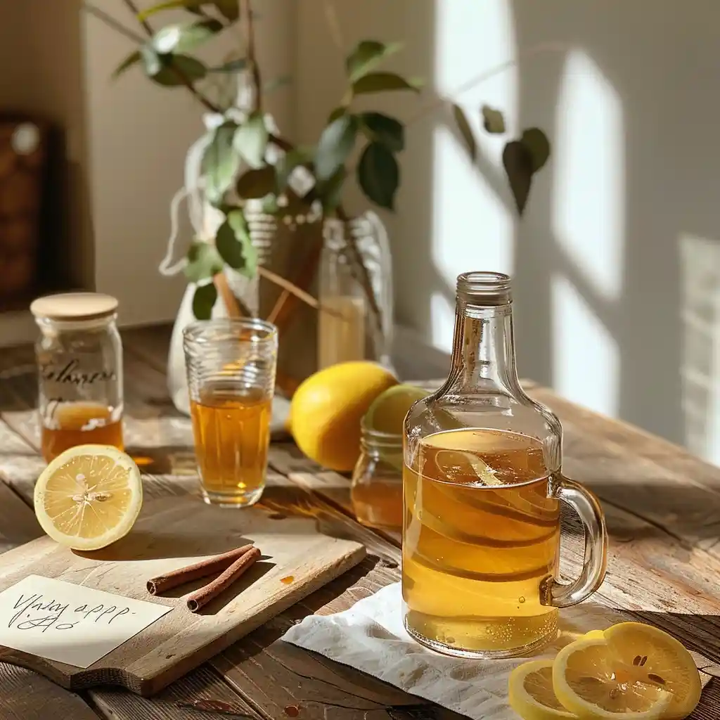Close-up of the finished apple cider vinegar drink with visible cloudy “mother” in the bottle beside it