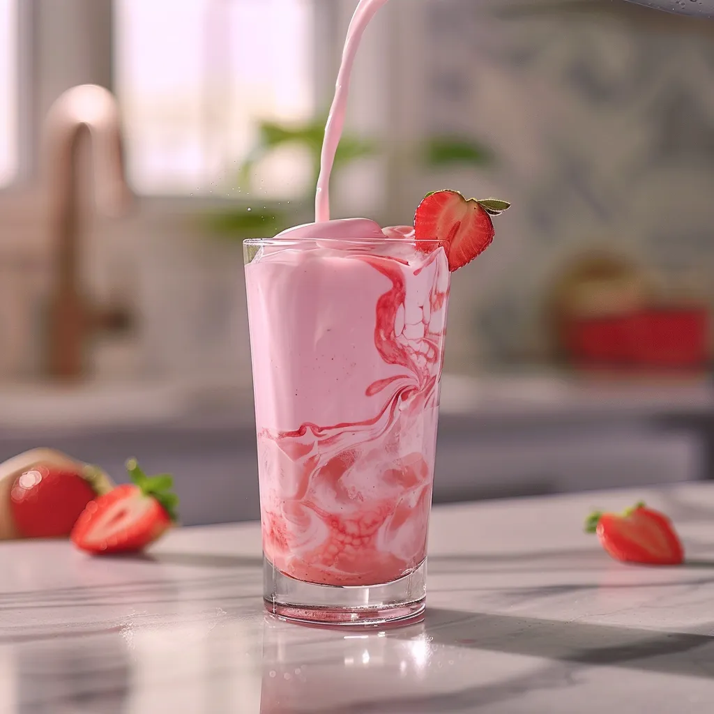 Coconut milk being poured into a glass to finish the TikTok pink drink recipe