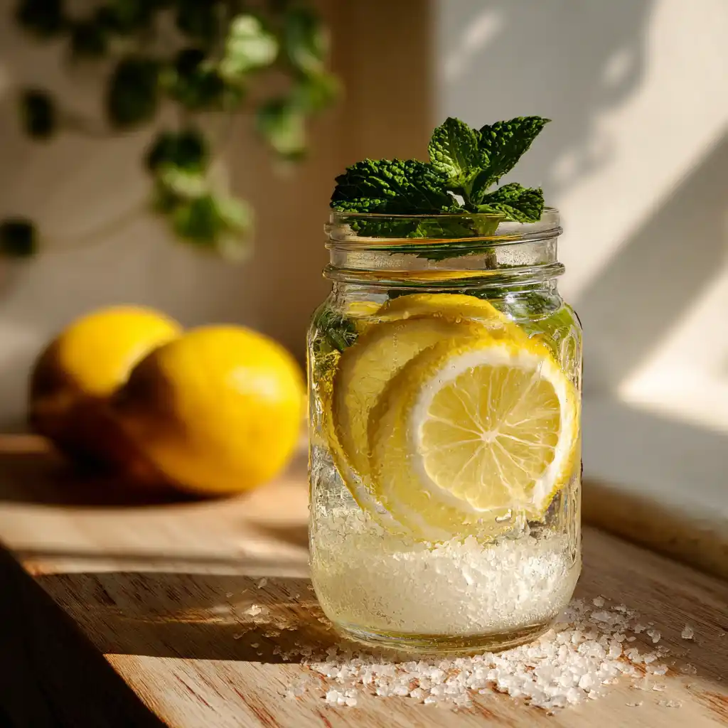 Relaxing at home with a warm cup of electrolyte drink and visible ingredients nearby