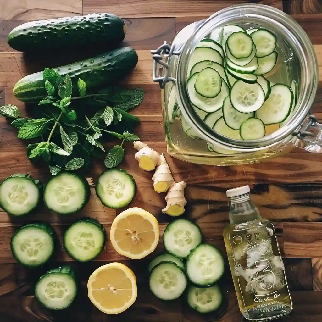 Cucumber, lemon, ginger, mint, apple cider vinegar, and water arranged for cucumber weight loss drink