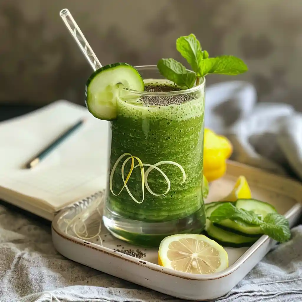 Cucumber weight loss drink and berry smoothie served on a tray with lemon, mint, and chia seeds