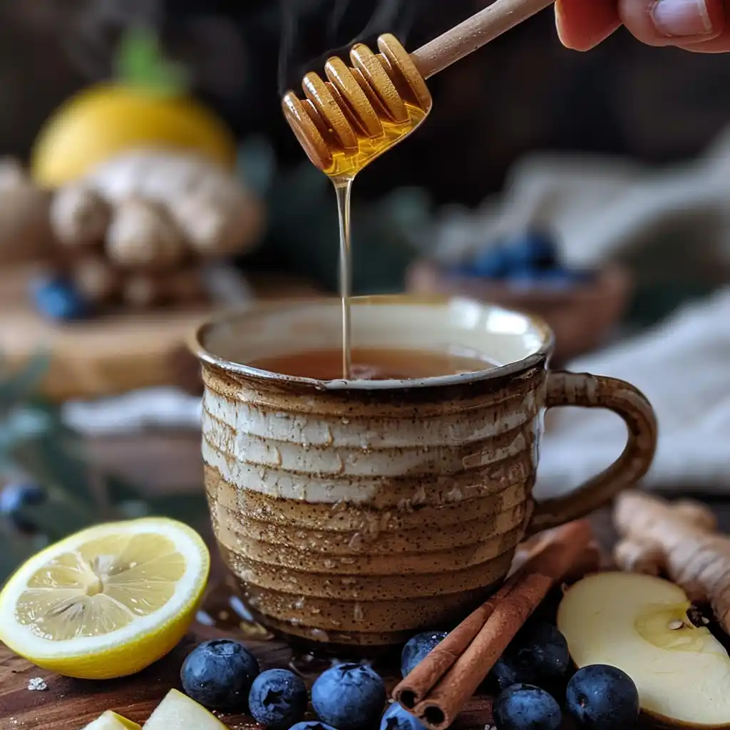 Drizzling raw honey into a mug of warm water with lemon and cinnamon nearby
