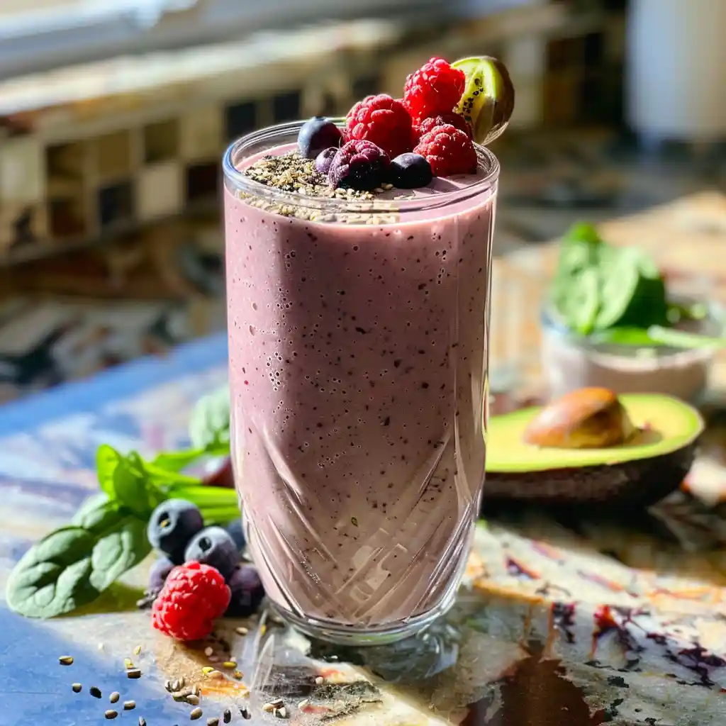 Featured berry protein shake for weight loss in a clear glass with flax sprinkle and fresh berries