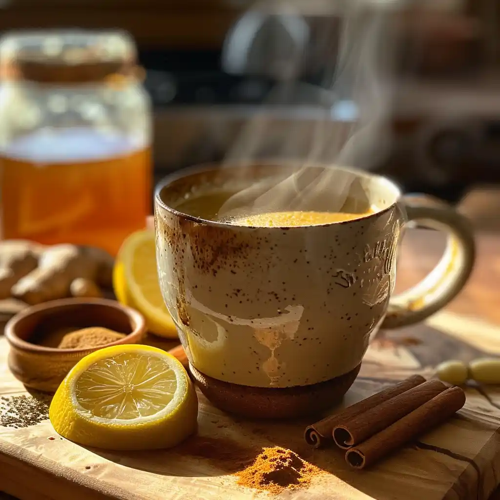 Featured mug of warm honey, cinnamon, turmeric, and ginger tea on a wooden counter with ingredients around it