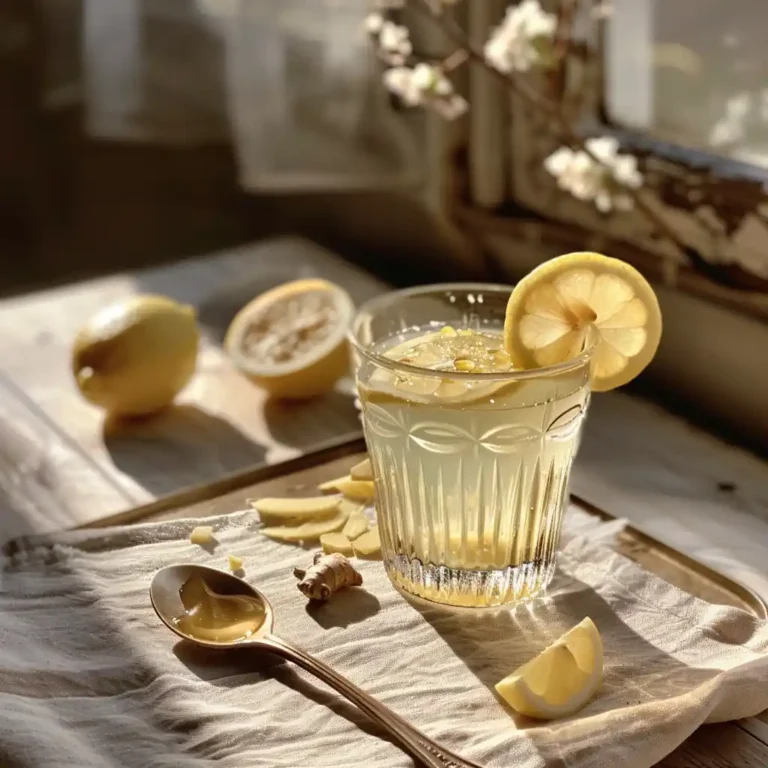 Finished ginger lemon drink served in a clear glass with a lemon wheel and ginger garnish on a small tray