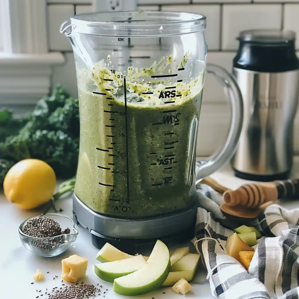 First preparation step blending kale and liquid base for a weight loss smoothie