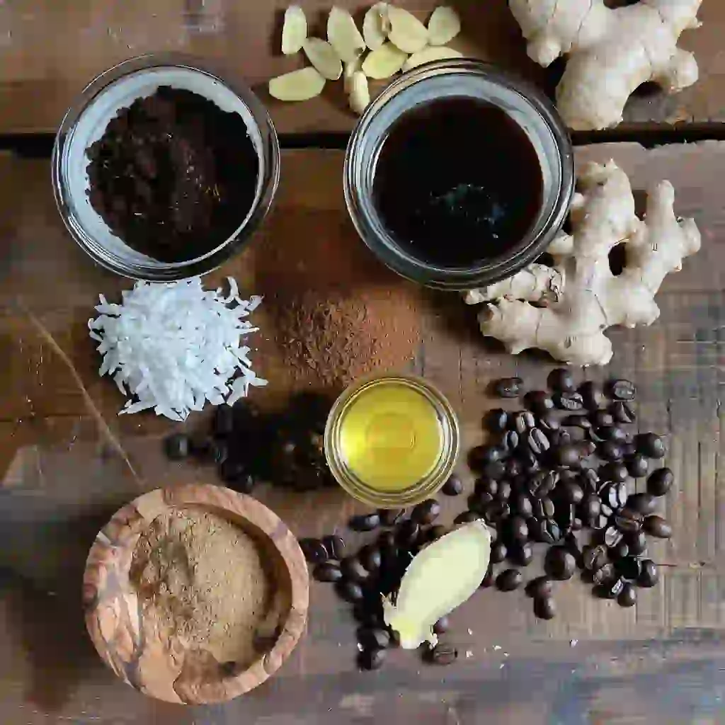 what is the coffee trick to lose weight_Flat lay of coffee trick ingredients on rustic wooden background