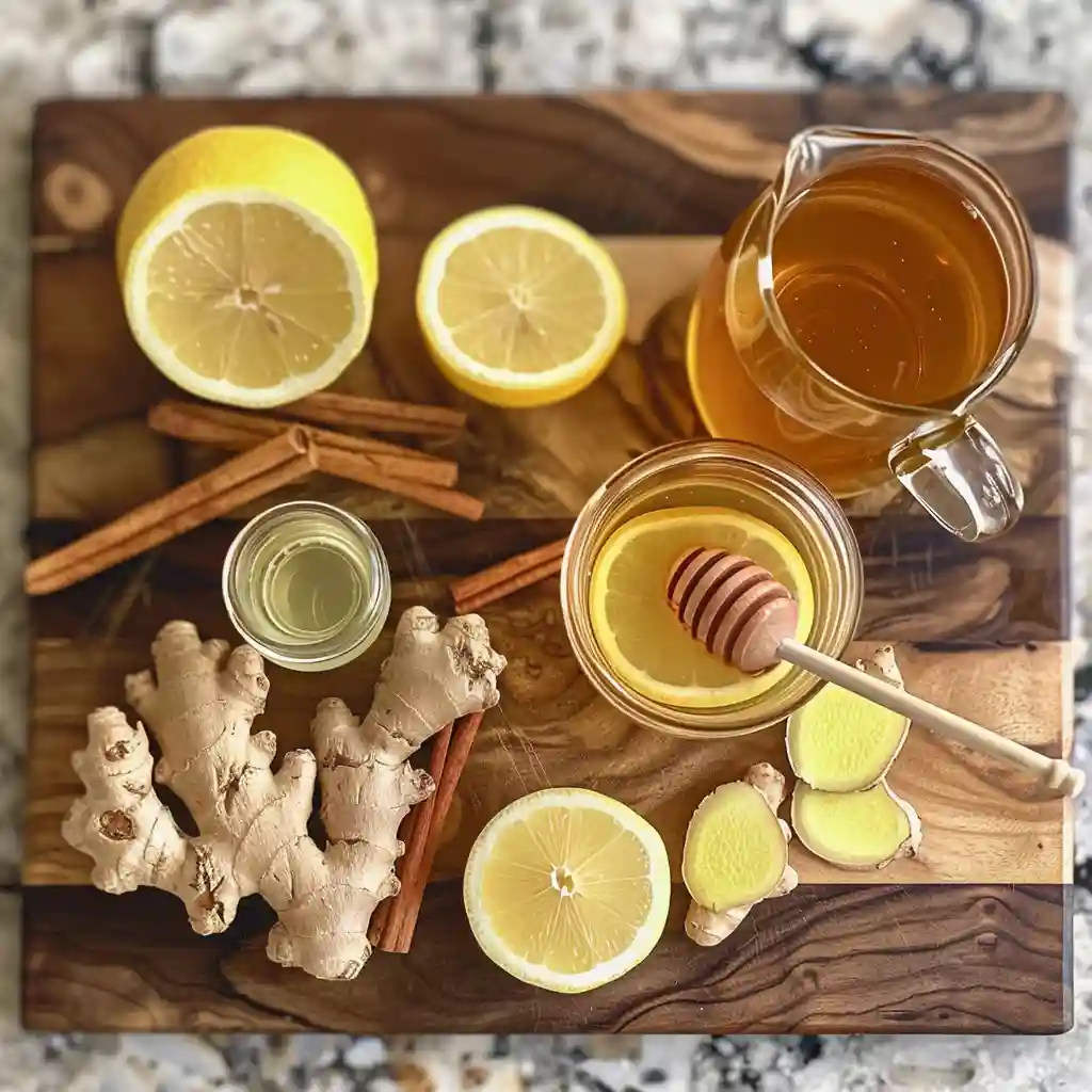 what is the recipe for the honey trick_Flat lay of honey trick ingredients: raw honey, lemon, cinnamon sticks, fresh ginger, apple cider vinegar, chamomile tea bag, clear mug, and kettle