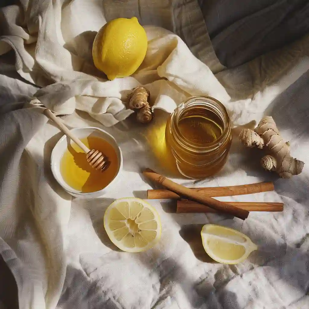 Flat lay of honey trick ingredients – honey jar, lemons, cinnamon, and ginger