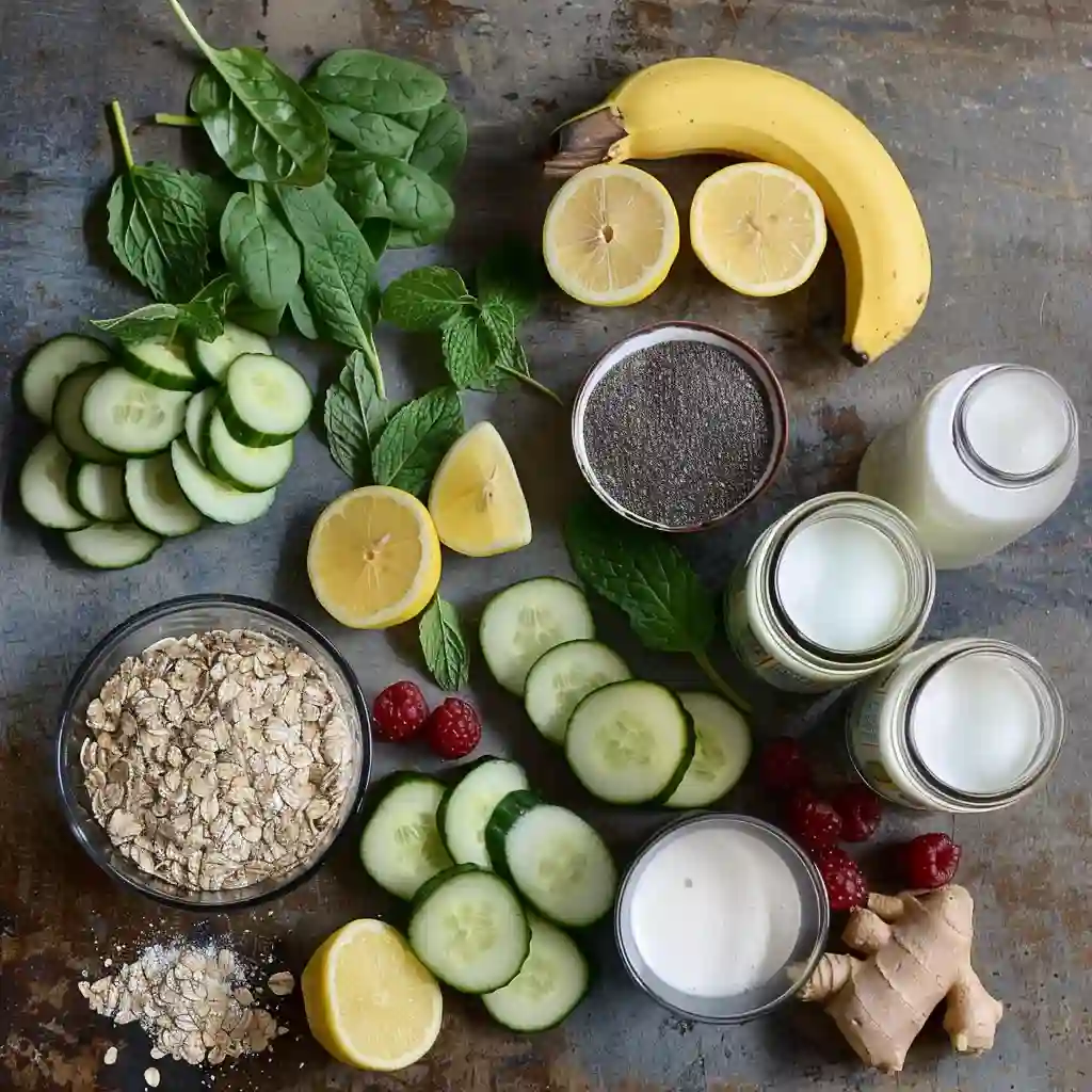 weight loss smoothies & shakes_Flat lay of ingredients for homemade weight loss smoothies and shakes