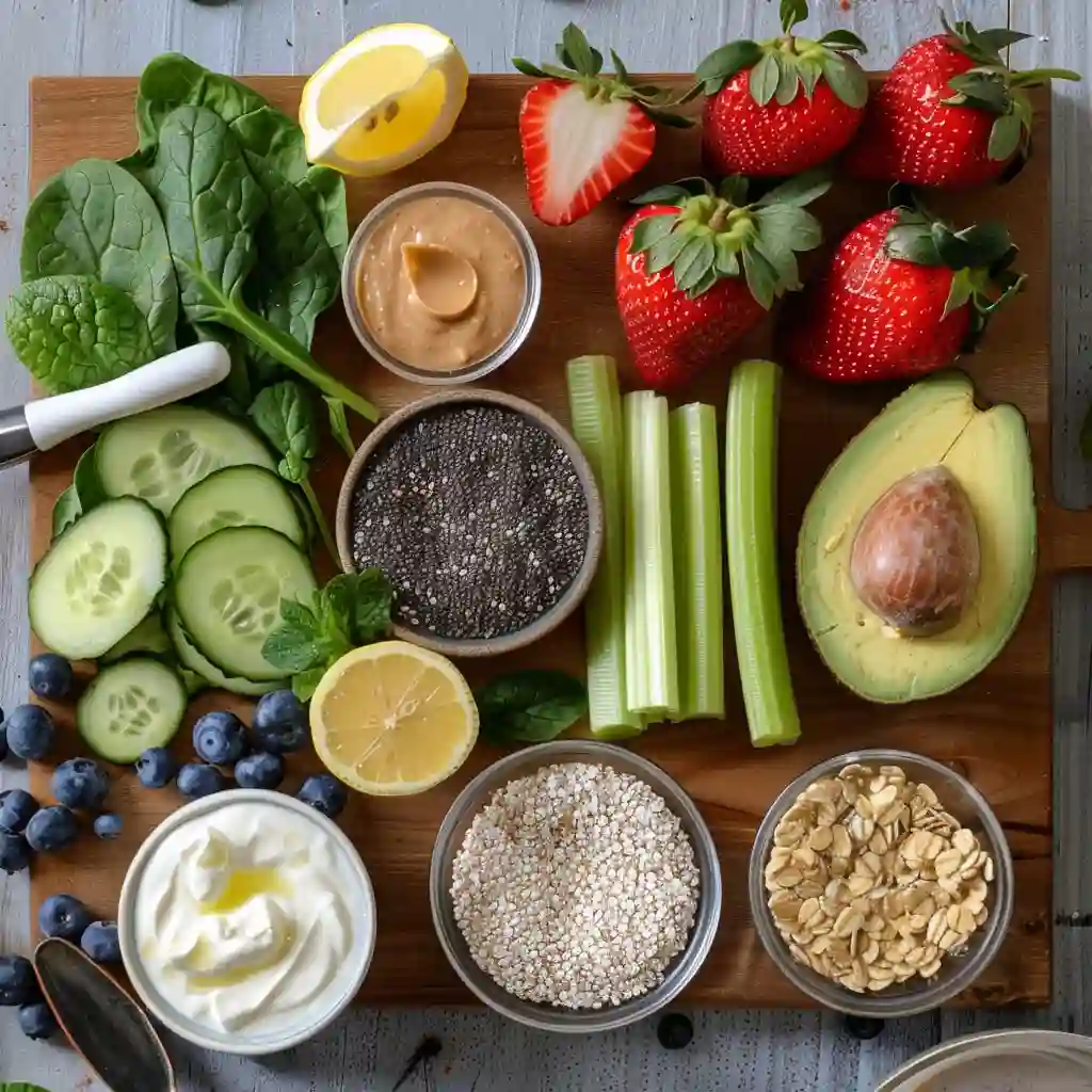 Flat lay of ingredients for a healthy smoothie for weight loss on a wooden board