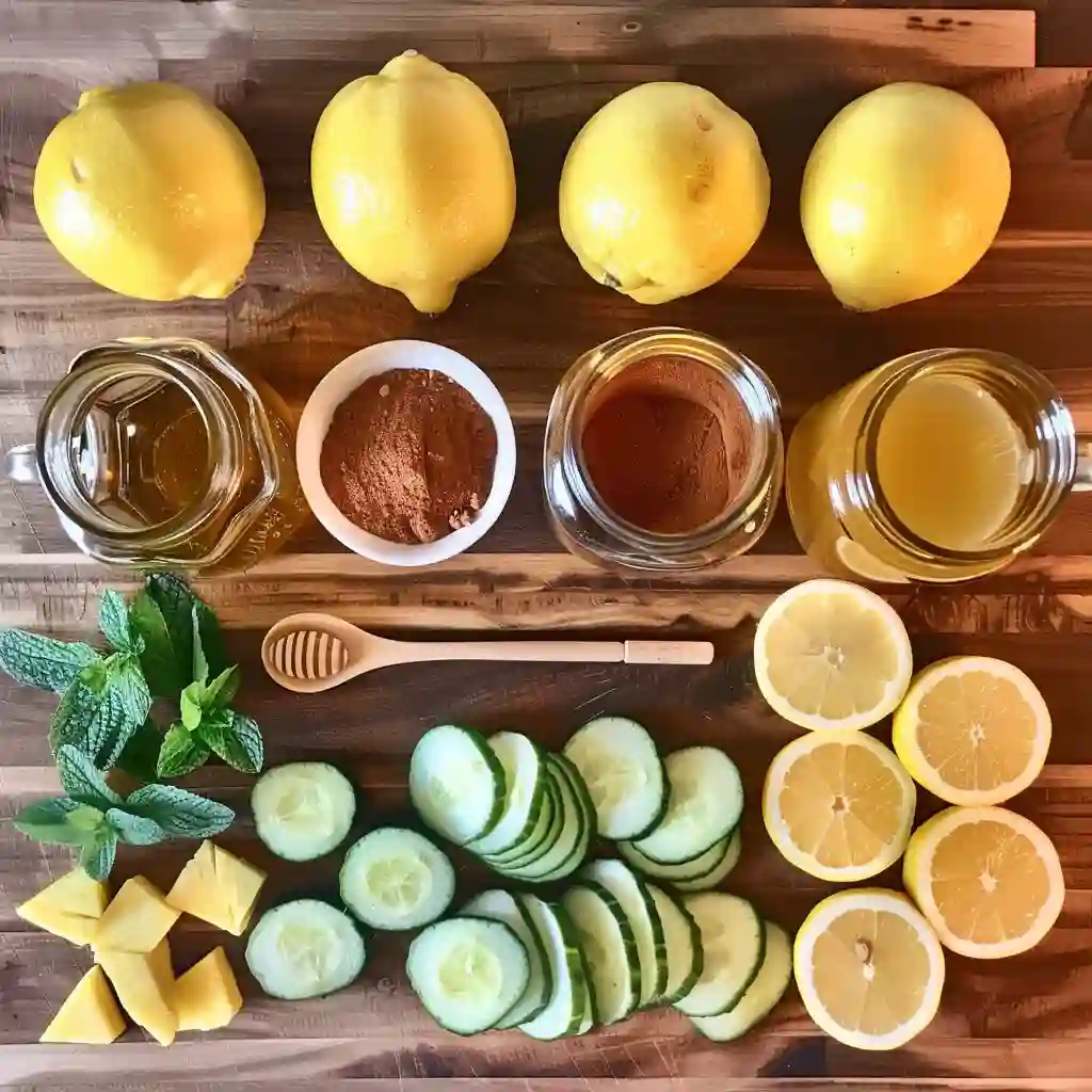 Flat lay of ingredients for TikTok weight loss drinks including lemon, apple cider vinegar, cucumber, pineapple, ginger, mint, honey, cinnamon, and coffee