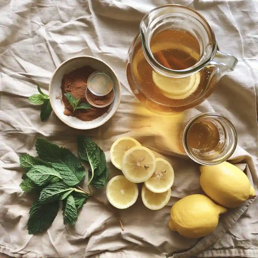 Flat lay of raw apple cider vinegar with the mother, sliced lemons, cinnamon, honey, stevia, mint, and warm water