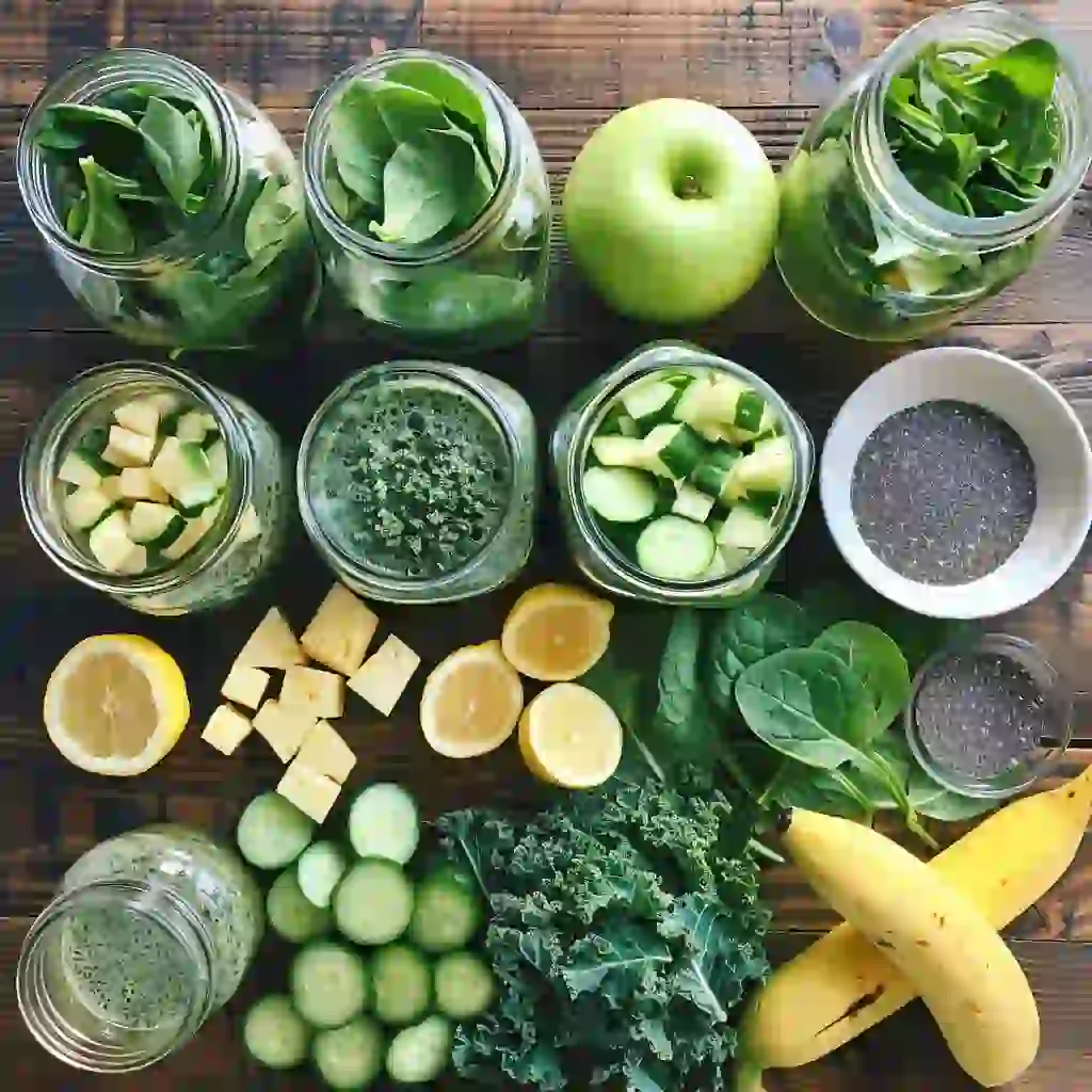 Flat lay of spinach, kale, cucumber, celery, pineapple, banana, apple, ginger, chia, flax, coconut water, and almond milk