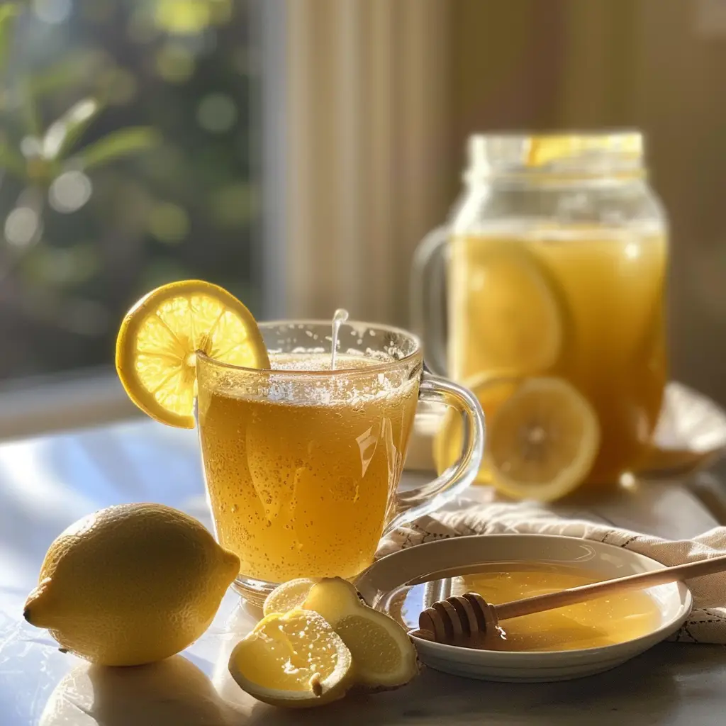 Fresh lemon being squeezed into the honey water with ginger slices steeping