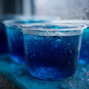 Close-up of chilled blue gelatin cups in refrigerator with condensation