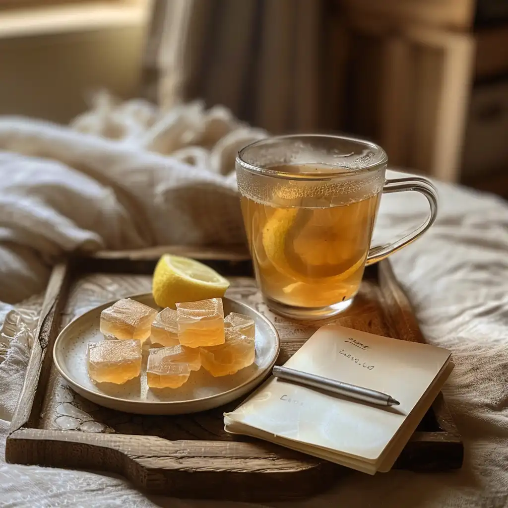 Gelatin-infused tea on a tray with sugar-free citrus gelatin cubes for a light snack