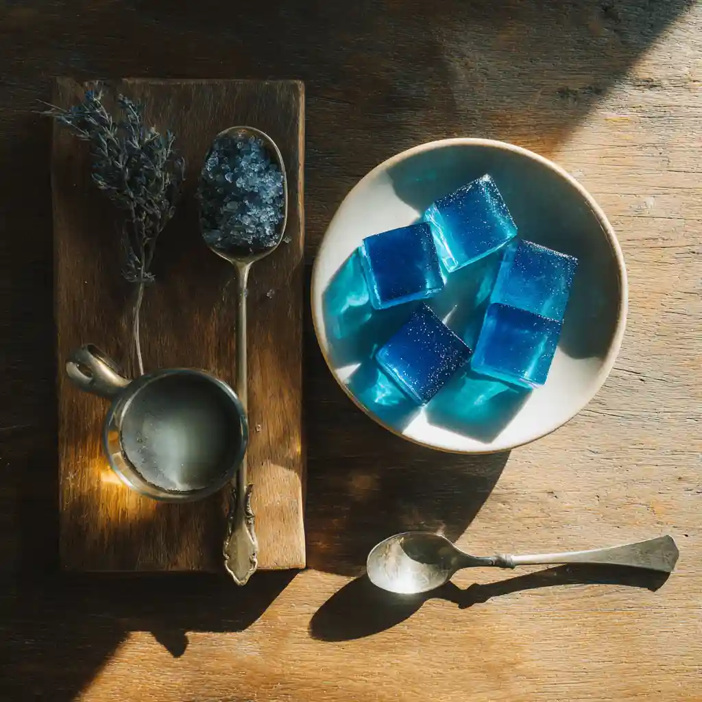 Hand holding a blue gelatin snack in morning light with tea in the background