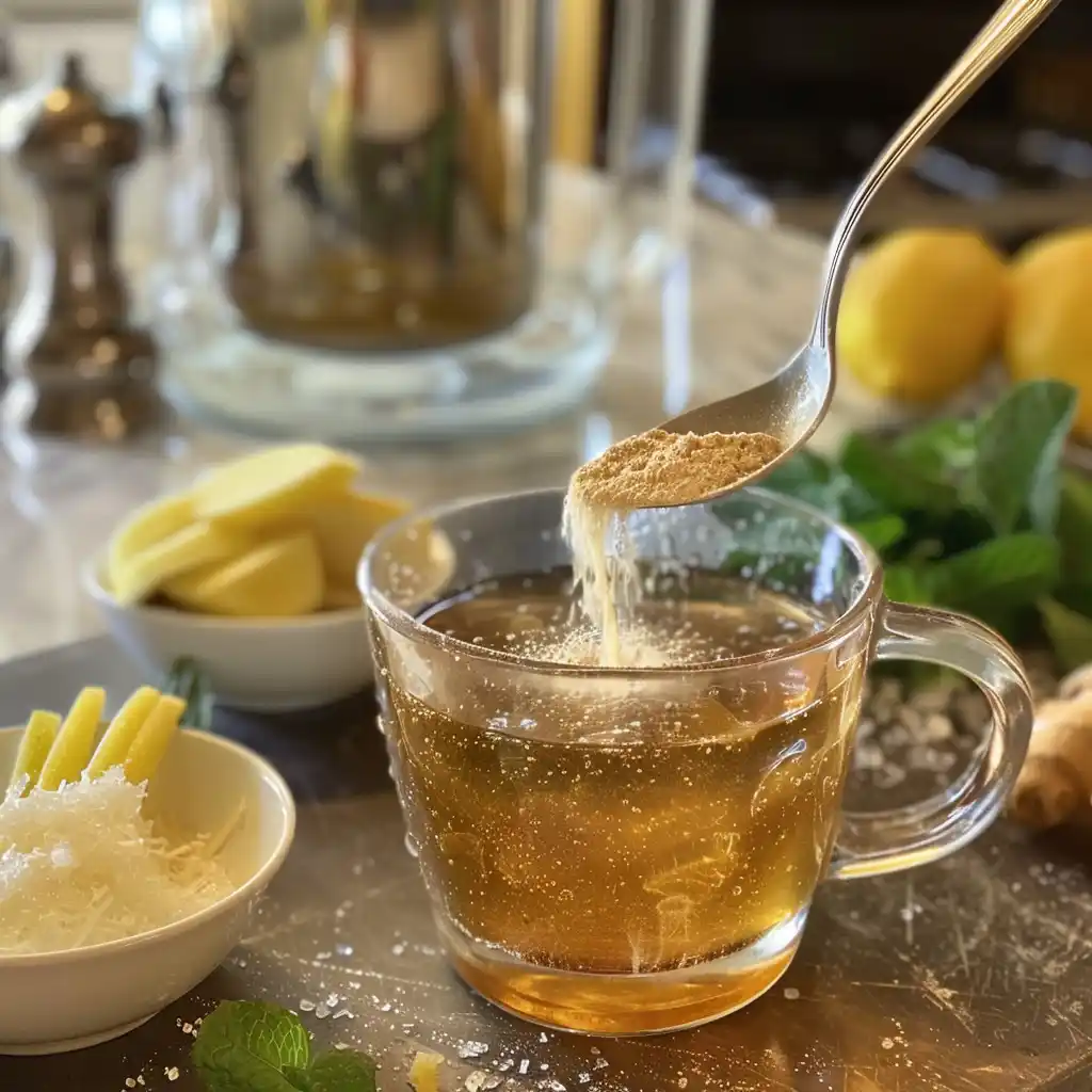 Gelatin powder being sprinkled into a mug of hot chamomile tea