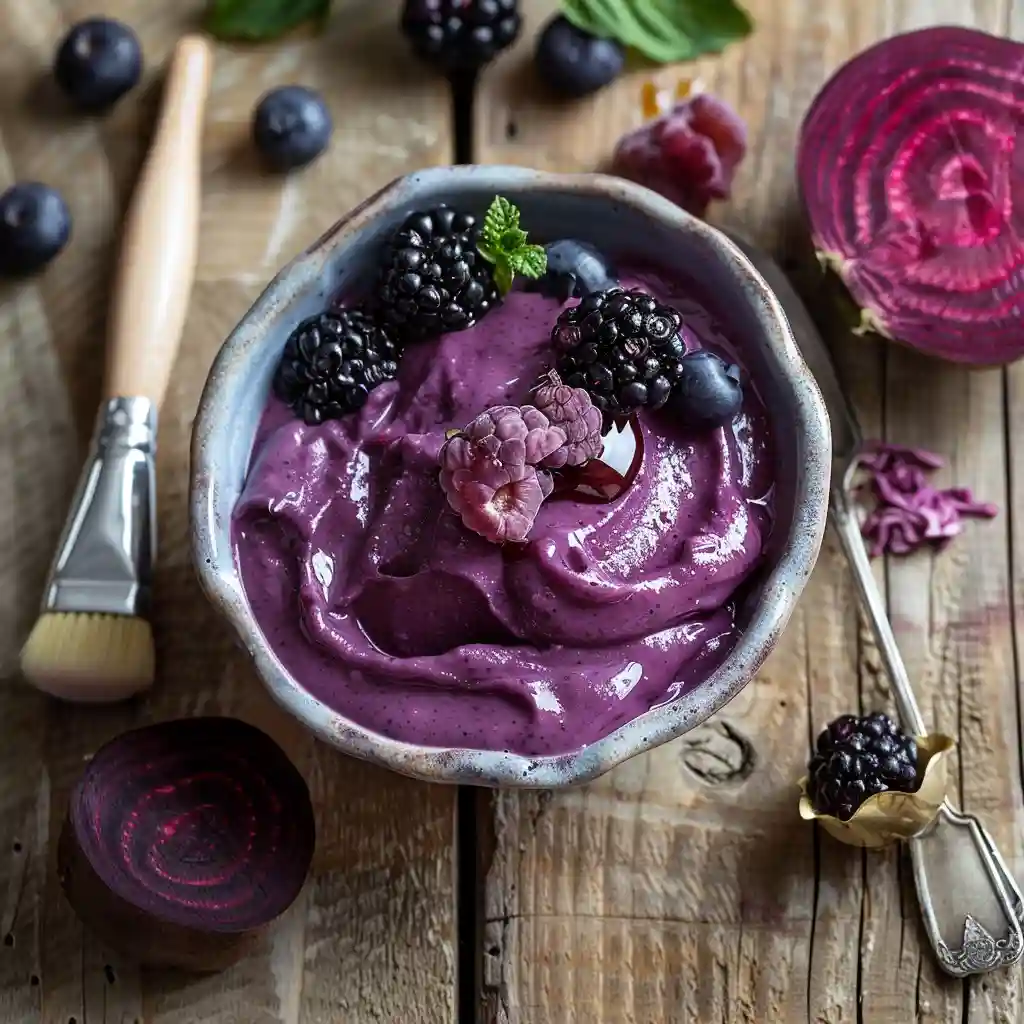 Gentle homemade purple peel in a ceramic bowl with berries, beet, yogurt, and honey on a wooden counter