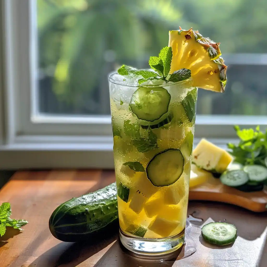 Glass of pineapple cucumber TikTok weight loss drink with lime and mint served over ice