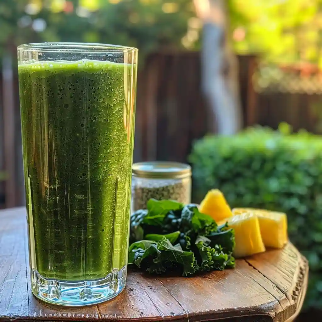 Green smoothie for weight loss in a clear glass on a porch table with fresh greens and pineapple around