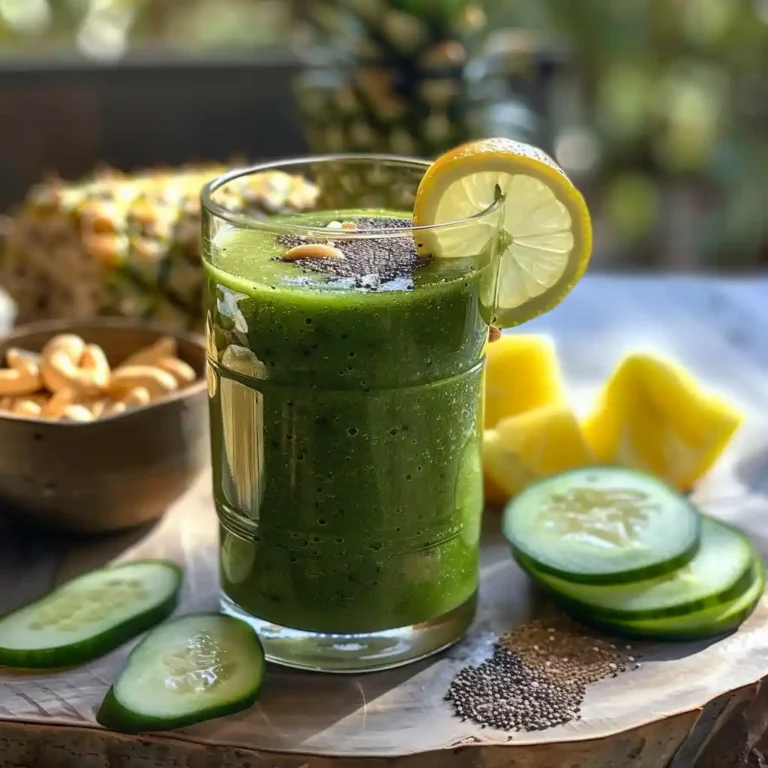 Green smoothie for weight loss served in a glass with lemon, chia seeds, and a light breakfast setup