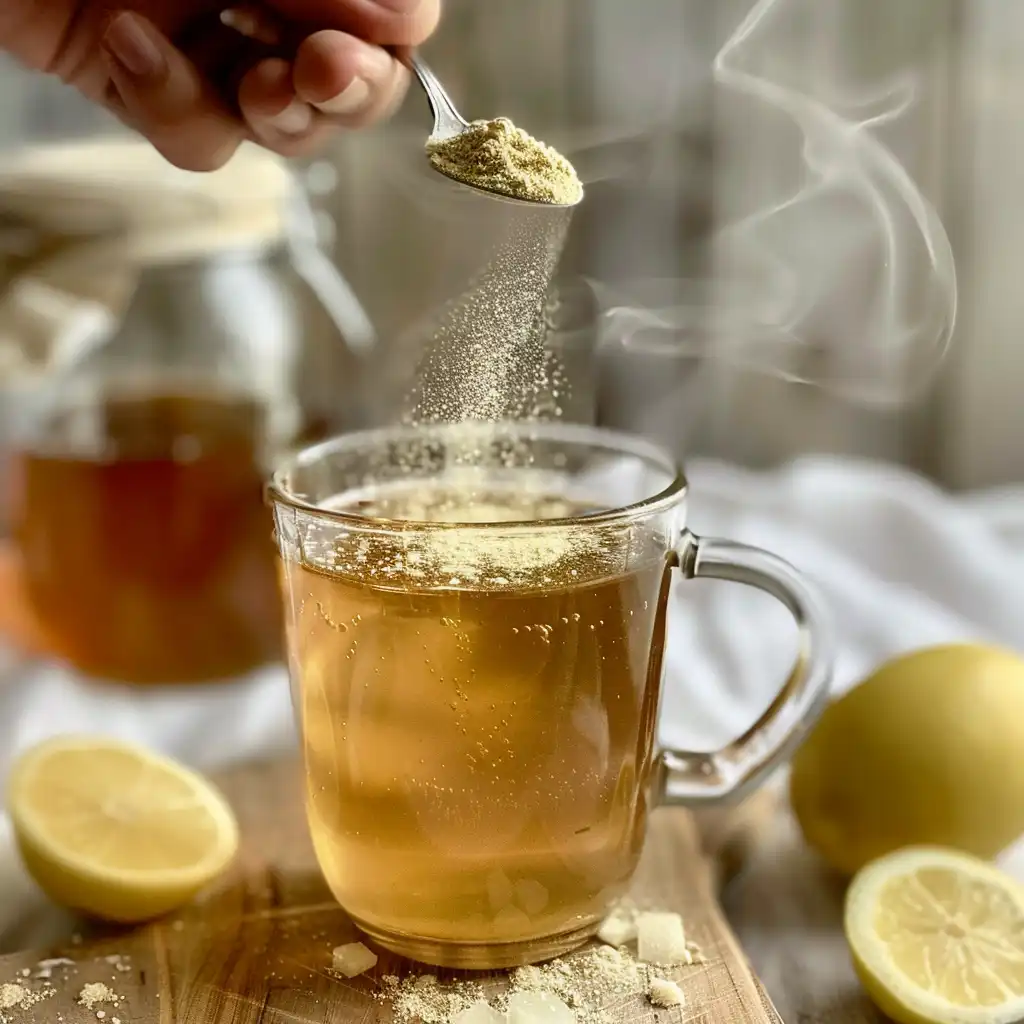 Hand sprinkling unflavored gelatin into a steaming mug of herbal tea