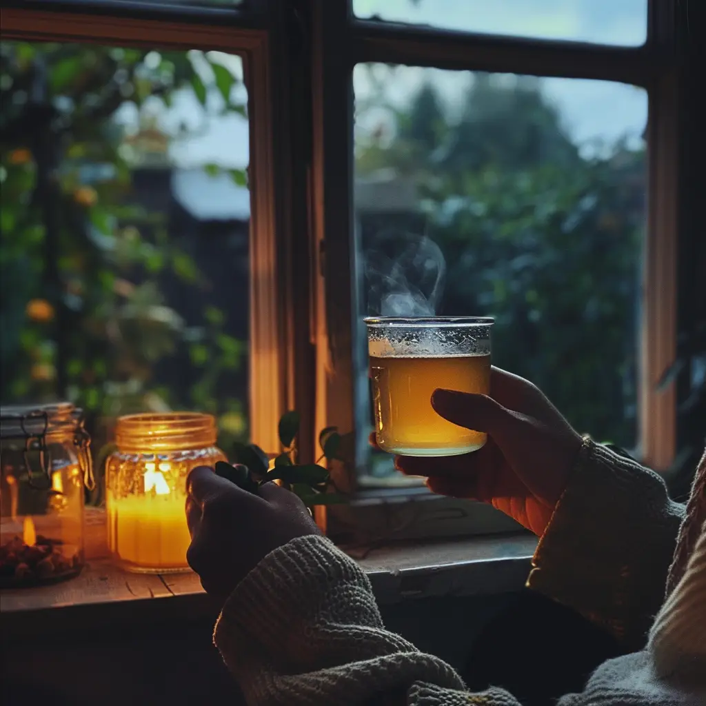 Hands holding a warm cup of honey water by candlelight in the evening